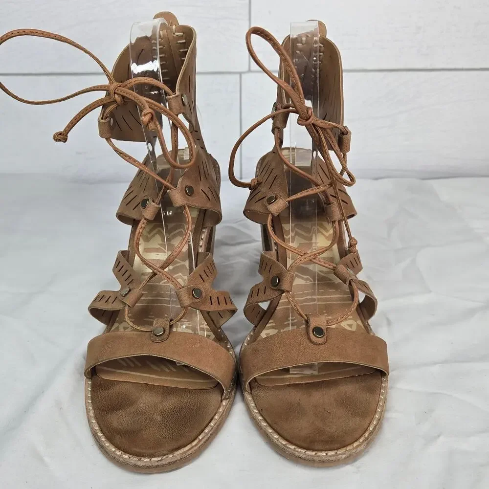 Dolce Vita Luci Ghillie Sandals Brown Tan Leather Lace Up Block Heel Size 8